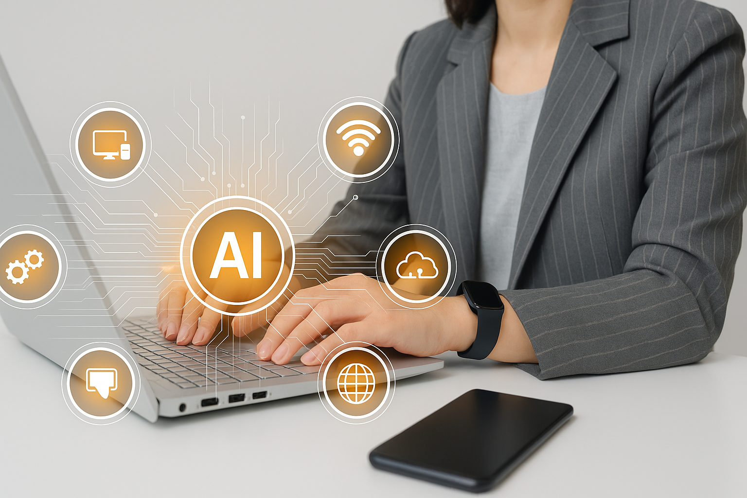 Our team collaborating around a laptop