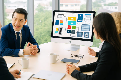 Our team collaborating around a laptop